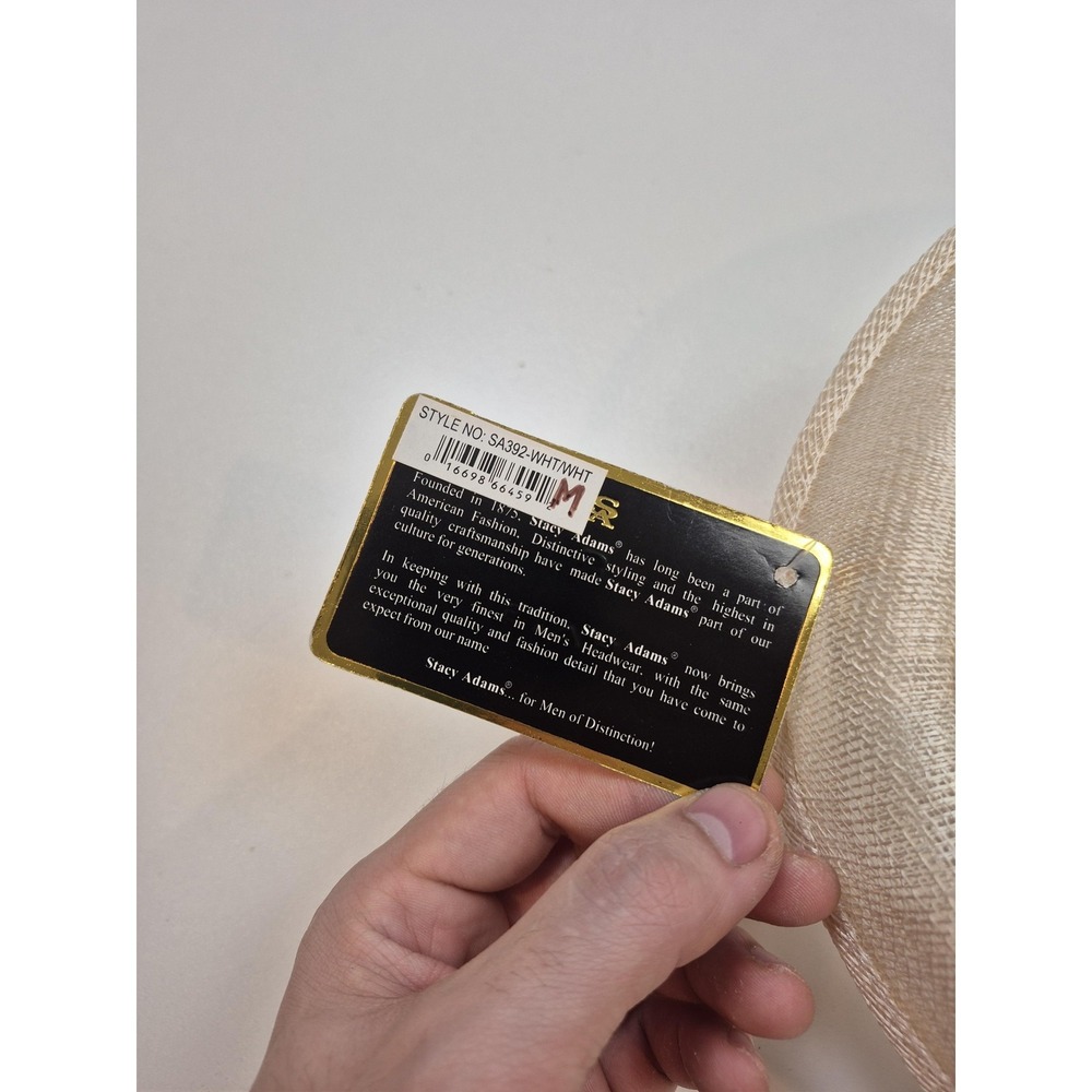 Stacy Adams Hat Fedora Fitted Mens M Beige Straw Feather Trim Gold Pin FLAW - Picture 8 of 10